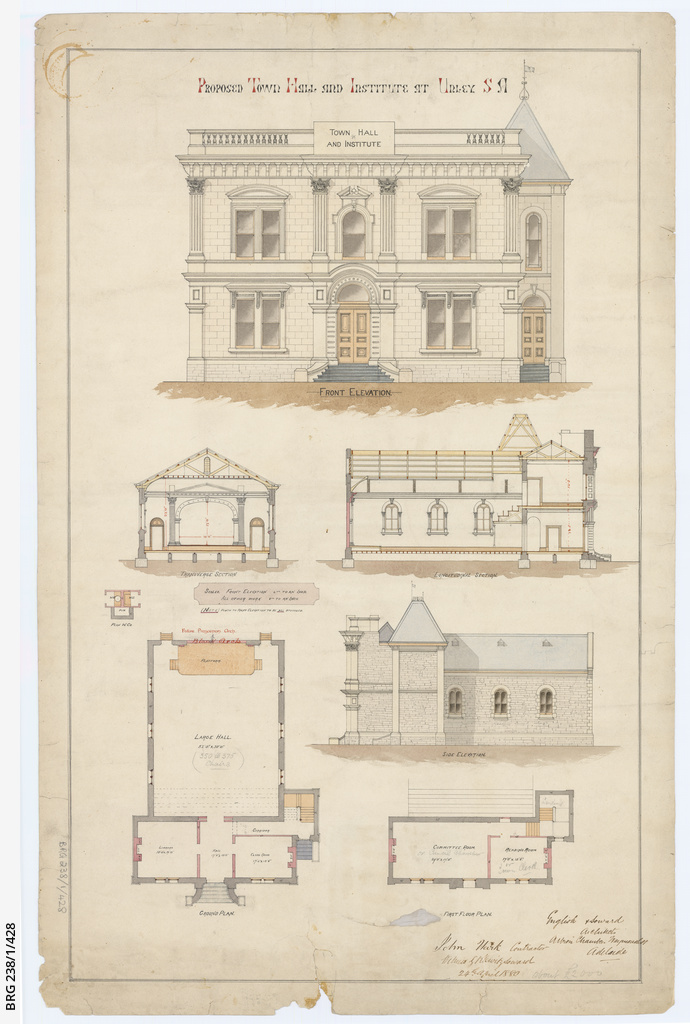 Proposed architectural design drawings for the town hall and institute ...