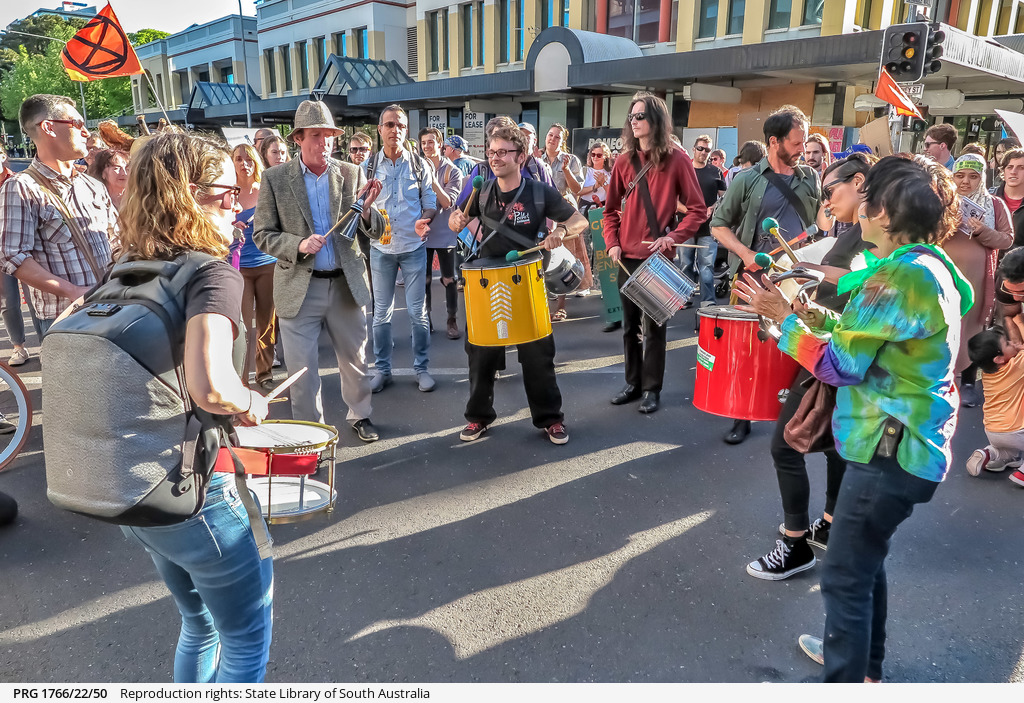 Drum circle at the Extinction Rebellion Adelaide Spring Rebellion Block Party